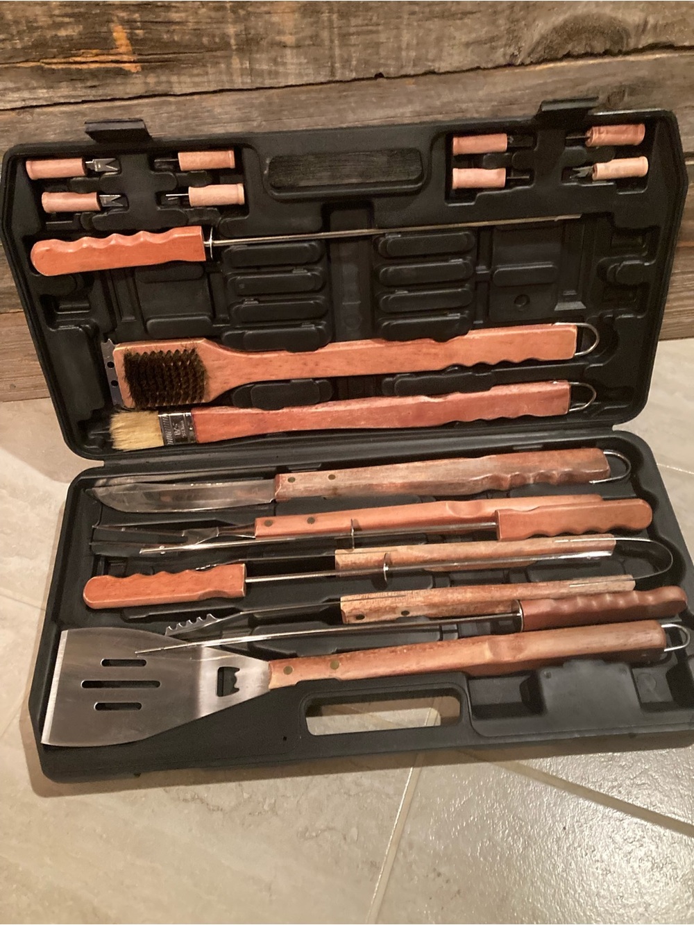 Oniva 12-Piece BBQ Grill Tool Set with Wood Handles - Brown